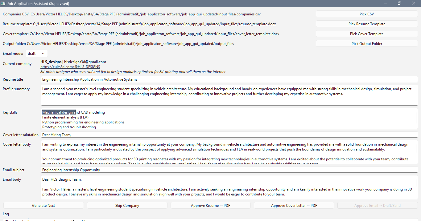 Screenshot of the Job Application Assistant GUI